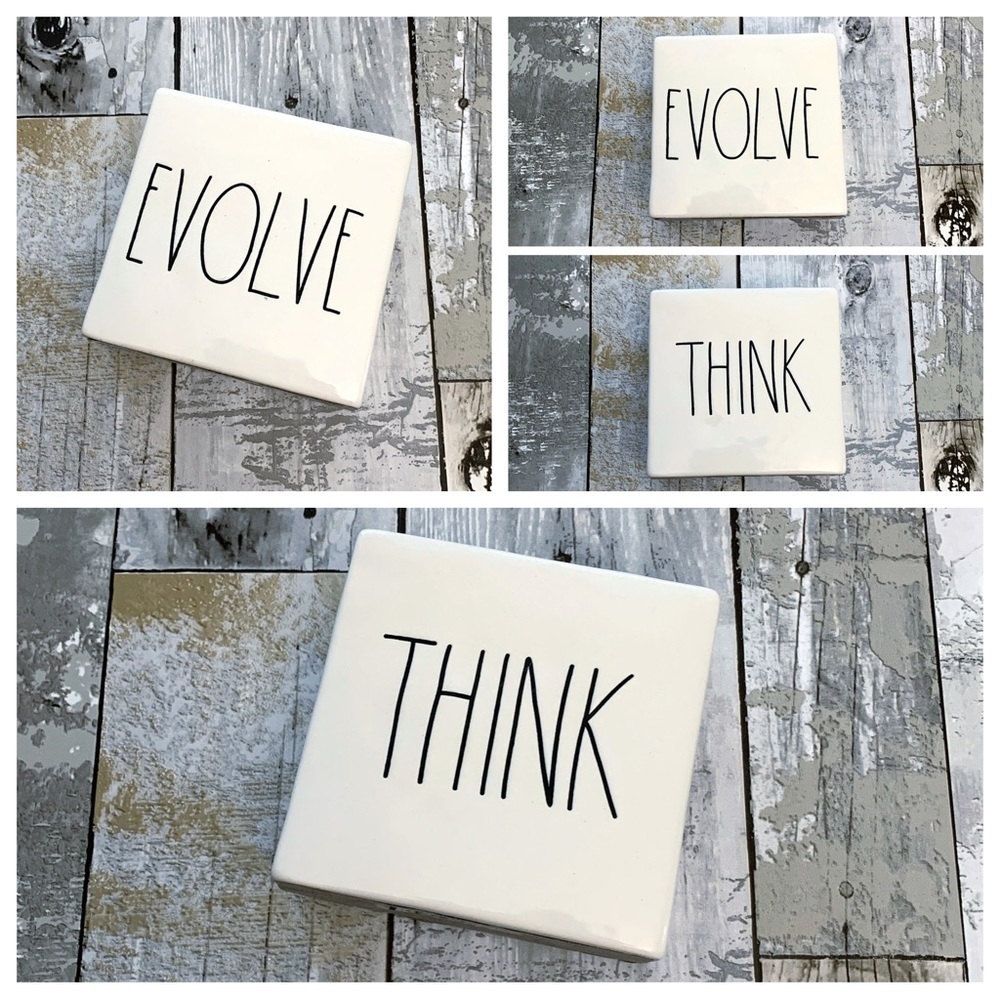 #22 Rae Dunn Think Evolve Double Side Desk Office Paperweight Ceramic Sign Decor - Picture 5 of 9